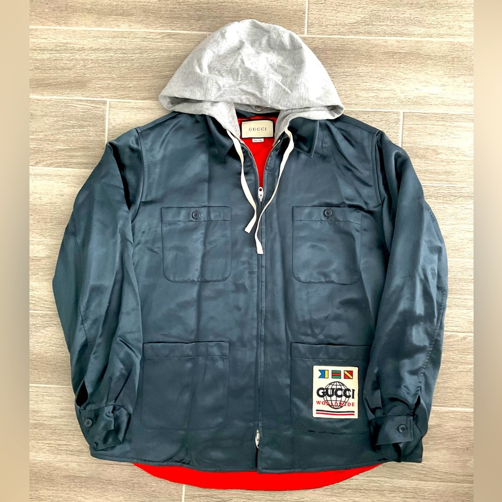 AUTHENTIC GUCCI DETACHABLE HOOD ACETATE GRAY JACKET GG SZ 54 XL 604112